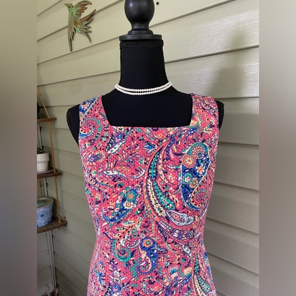 TALBOTS pink salmon Bonaire Paisley Sleeveless Sheath Dress sz 4P open back EUC - Picture 3 of 15
